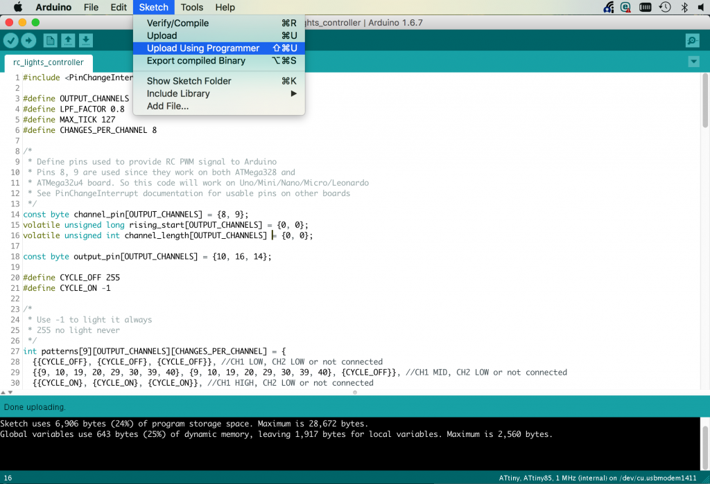 Programming ATTiny85 with Arduino IDE Upload Sketch